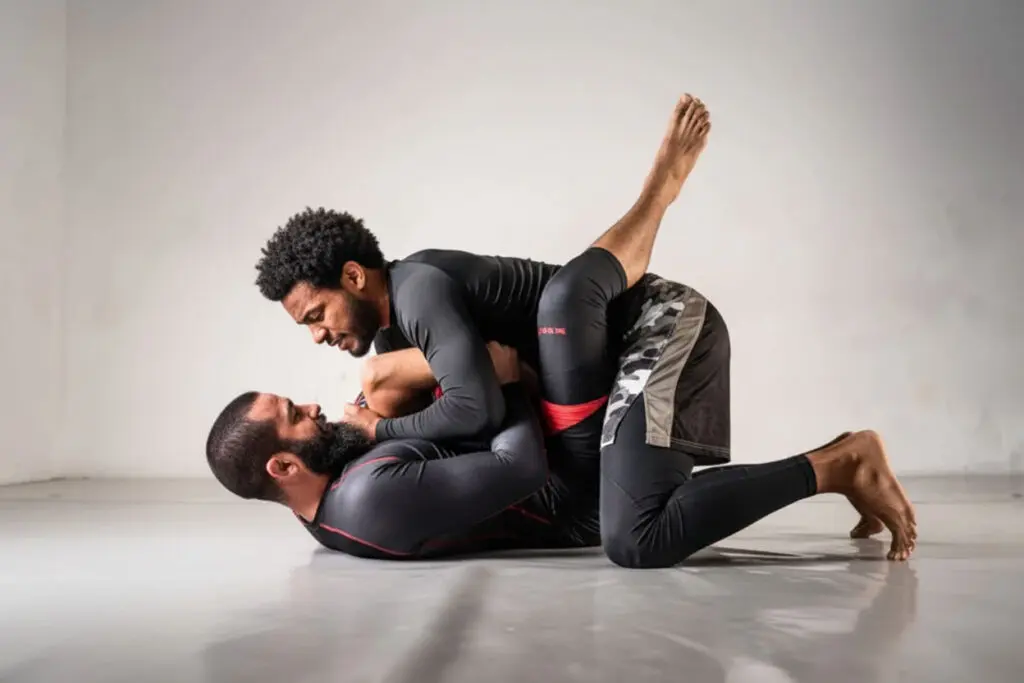 Two men grappling on the mat during an adult Brazilian Jiu-Jitsu training session.